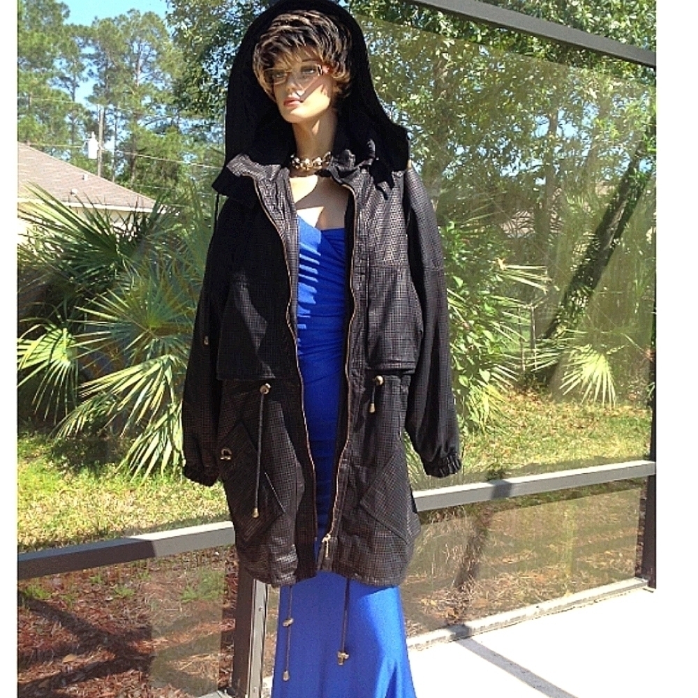 GENUINE BLACK LEATHER STROLLER COAT W/ REMOVABLE ZIPPER HOOD SIZE XLARGE/ 1X/2XL